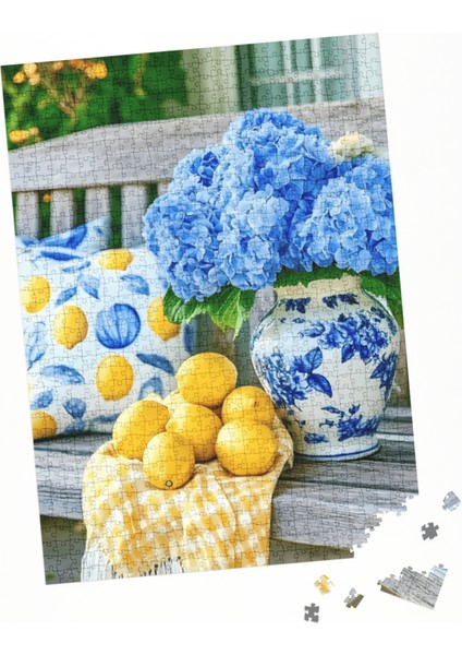 500 Parça Puzzle Çiçek Aranjmanı, Mavi Ortanca ve Limon Temalı fırsatları