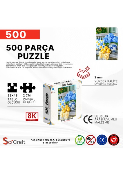 500 Parça Puzzle Çiçek Aranjmanı, Mavi Ortanca ve Limon Temalı indirimleri