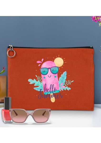 Renkli Yaz Temalı Astarlı Kiremit Portföy Çanta 30X21CM, Baskılı El ve Organizer Çanta