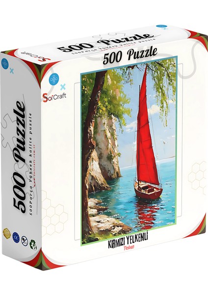 500 Parça Puzzle Deniz Manzaralı Kırmızı Yelkenli Tekne