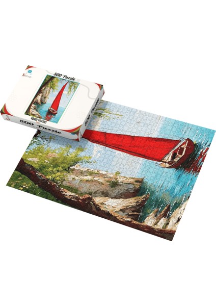 500 Parça Puzzle Deniz Manzaralı Kırmızı Yelkenli Tekne modelleri