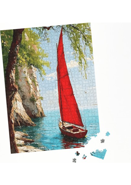 500 Parça Puzzle Deniz Manzaralı Kırmızı Yelkenli Tekne fırsatları