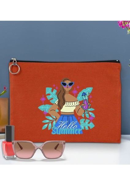 Yaz Temalı Astarlı Kiremit Portföy ve El Çantası, 30X21CM, Organizer