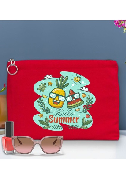 Renkli Astarlı Kırmızı Portföy Çanta 30X21CM, Baskılı El ve Organizer Çanta