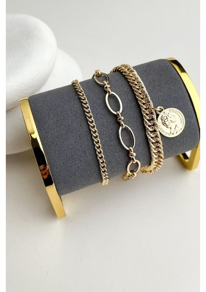 Altın Renkli Para Detaylı Üçlü Zincir Bileklik (17+5cm)