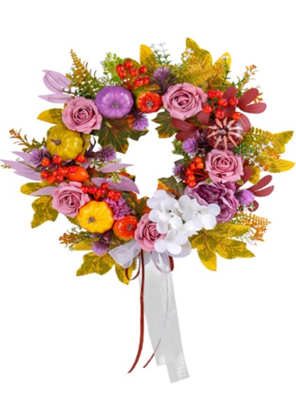 Sonbahar Dekoru - Ön Kapı Dışında Açan Ipek Gül, Gerçekçi Sonbahar Balkabağı Mor Meyveleri ve Fiyonklu Sonbahar Çelenkleri (Yurt Dışından)