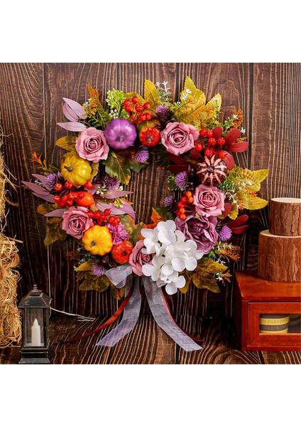 Sonbahar Dekoru - Ön Kapı Dışında Açan Ipek Gül, Gerçekçi Sonbahar Balkabağı Mor Meyveleri ve Fiyonklu Sonbahar Çelenkleri (Yurt Dışından) fiyatları
