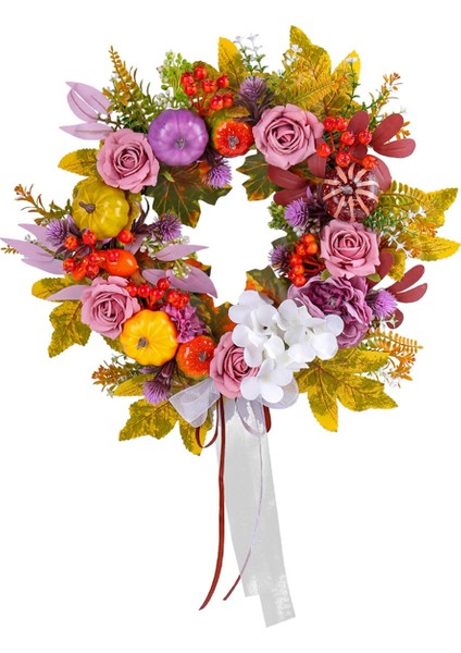 Sonbahar Dekoru - Ön Kapı Dışında Açan Ipek Gül, Gerçekçi Sonbahar Balkabağı Mor Meyveleri ve Fiyonklu Sonbahar Çelenkleri (Yurt Dışından) fırsatları