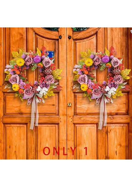 Sonbahar Dekoru - Ön Kapı Dışında Açan Ipek Gül, Gerçekçi Sonbahar Balkabağı Mor Meyveleri ve Fiyonklu Sonbahar Çelenkleri (Yurt Dışından) indirimleri