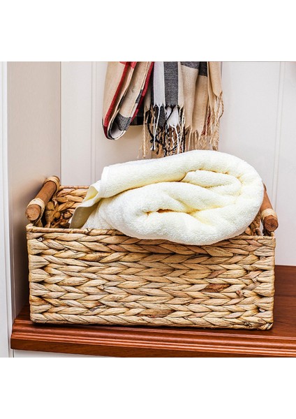 Raflar Için Ahşap Saplı Dikdörtgen Hasır Sepet, Su Sümbülü Sepet Depolama, B Düzenleme Için Doğal Sepetler (Yurt Dışından) fırsatları