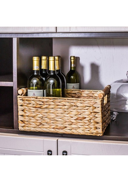 Raflar Için Ahşap Saplı Dikdörtgen Hasır Sepet, Su Sümbülü Sepet Depolama, B Düzenleme Için Doğal Sepetler (Yurt Dışından) indirimleri