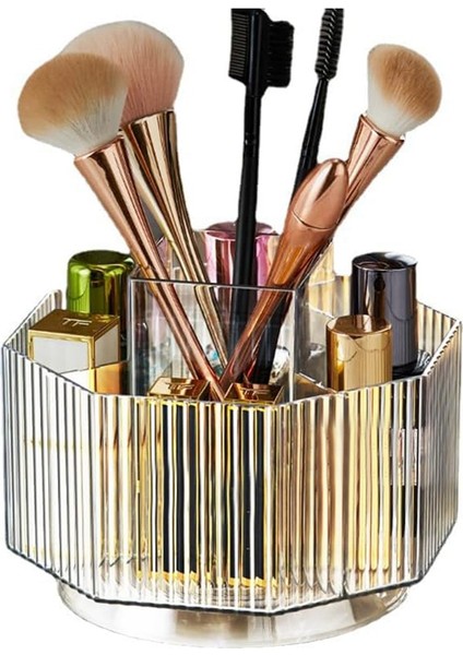 360° Dönen Makyaj Düzenleyici, 5 Yuvalı Kozmetik Vitrinli Dönen Makyaj Fırçası Tutacağı Cilt Bakımı Trar (Şeffaf) (Yurt Dışından)