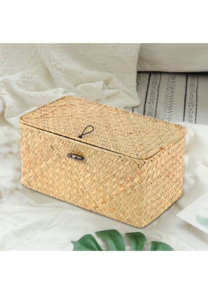 El Yapımı Saman Dokuma Depolama Sepeti Kapaklı Makyaj Organizatör Saklama Kutusu Deniz Çayırı Çamaşır Sepetleri Rattan Mücevher Kutusu(S) (Yurt Dışından) modelleri