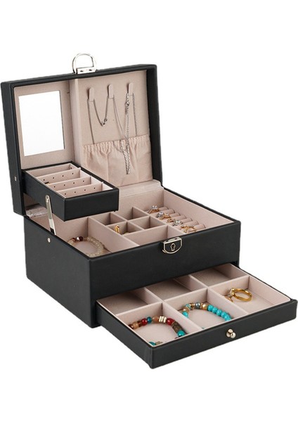 Yeni Pu Çift Çekmeceli Mücevher Kutusu Büyük Kapasiteli Mücevher Kutusu Yüzük Küpe Kolye Mücevher Saklama Kutusu (Yurt Dışından)