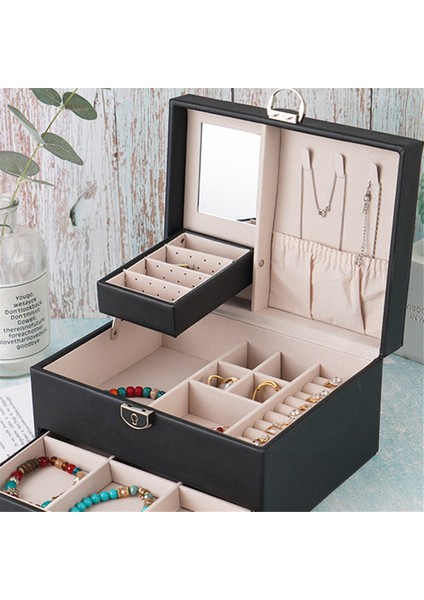 Yeni Pu Çift Çekmeceli Mücevher Kutusu Büyük Kapasiteli Mücevher Kutusu Yüzük Küpe Kolye Mücevher Saklama Kutusu (Yurt Dışından) modelleri