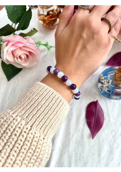 Mor Doğal Taş Bileklik, Ametist ve Ay Taşıyla El Yapımı Şık Aksesuar