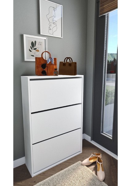 Düşer Kapaklı Kayar Raflı 3 Bölmeli Ayakkabılık Beyaz