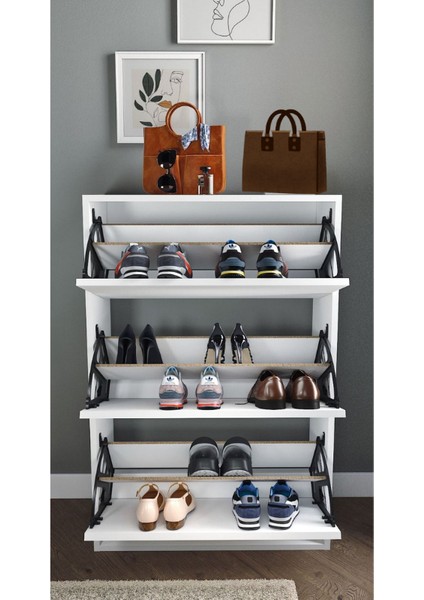 Düşer Kapaklı Kayar Raflı 3 Bölmeli Ayakkabılık Beyaz fiyatları
