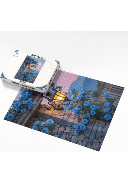 500 Parça Puzzle Mavi Güller ve Fenerli Duvar Bahçe Sanatı modelleri