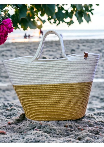 Beyaz Jüt Görünümlü El ve Plaj Çantası, Şık ve Doğal Tasarım