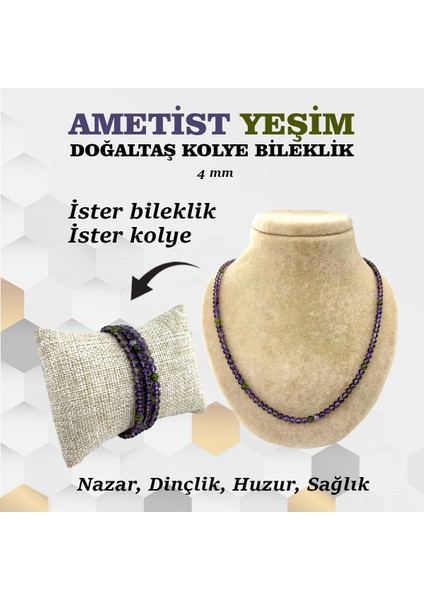 Çok Renkli Ametist ve Yeşim Doğal Taşlar Kolye ve Bileklik Seti, 4 mm