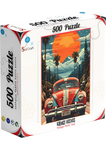 500 Parça Puzzle Retro Tarz Dağ Manzaralı Kırmızı Vosvos Araba Sanatsal