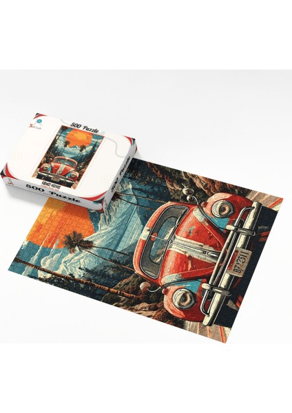 500 Parça Puzzle Retro Tarz Dağ Manzaralı Kırmızı Vosvos Araba Sanatsal modelleri