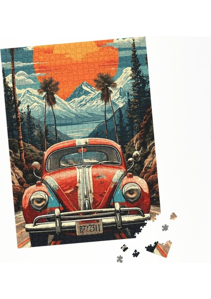 500 Parça Puzzle Retro Tarz Dağ Manzaralı Kırmızı Vosvos Araba Sanatsal fırsatları