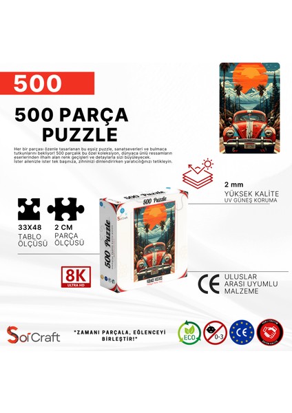 500 Parça Puzzle Retro Tarz Dağ Manzaralı Kırmızı Vosvos Araba Sanatsal