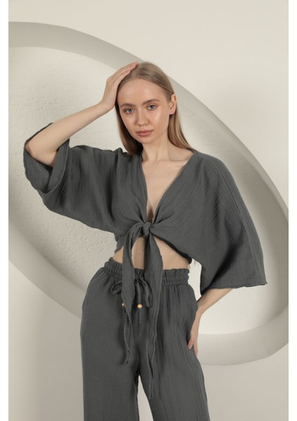 Müslin Kumaş Kimono-Antrasit