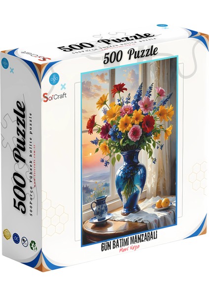 500 Parça Puzzle Mavi Vazo ve Karışık Çiçekler Gün Batımı Manzaralı