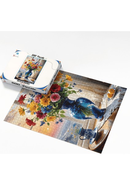 500 Parça Puzzle Mavi Vazo ve Karışık Çiçekler Gün Batımı Manzaralı modelleri