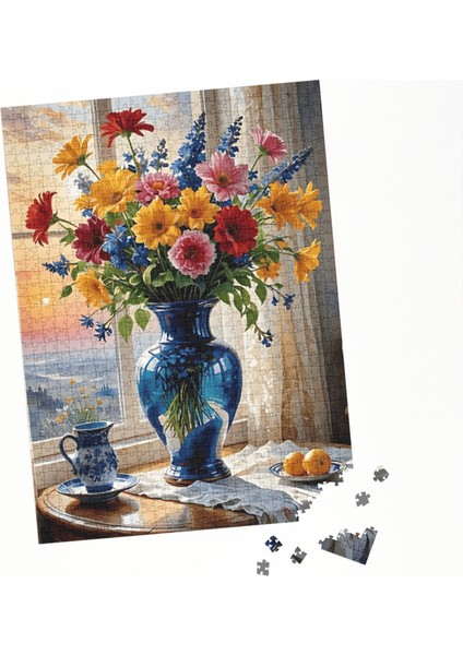 500 Parça Puzzle Mavi Vazo ve Karışık Çiçekler Gün Batımı Manzaralı fırsatları