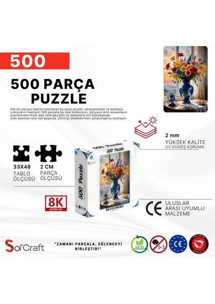 500 Parça Puzzle Mavi Vazo ve Karışık Çiçekler Gün Batımı Manzaralı indirimleri