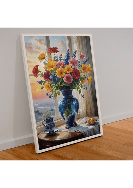 500 Parça Puzzle Mavi Vazo ve Karışık Çiçekler Gün Batımı Manzaralı