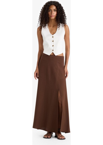 A Kesim Normal Bel Yırtmaçlı Keten Karışımlı Maxi Etek E6024AX25SM