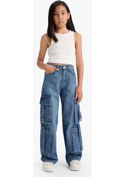 Kız Çocuk Wide Leg Kargo Geniş Paça Jean Pantolon E6184A825AU
