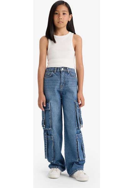 Kız Çocuk Wide Leg Kargo Geniş Paça Jean Pantolon E6184A825AU fiyatları