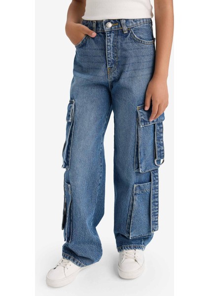 Kız Çocuk Wide Leg Kargo Geniş Paça Jean Pantolon E6184A825AU fırsatları