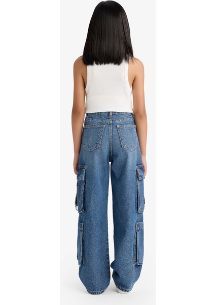 Kız Çocuk Wide Leg Kargo Geniş Paça Jean Pantolon E6184A825AU