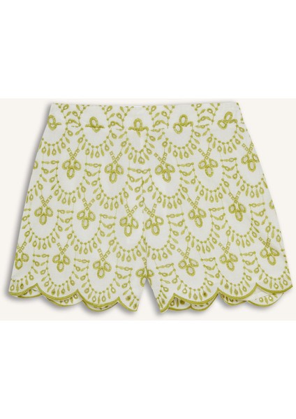 Desenli Nakışlı Brode Plaj Şortu-Fall in Love C6173AX25SM