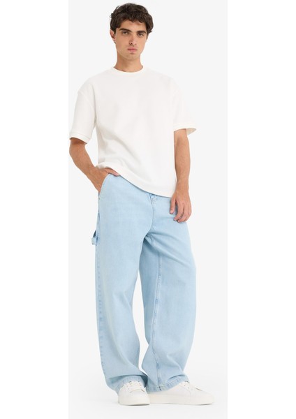 %100 Pamuk Skater Fit Geniş Paça Jean Yıkamalı Pantolon F5668AX25AU