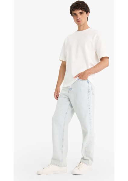 %100 Pamuk Baggy Fit Geniş Paça Jean Yıkamalı Pantolon F5669AX25AU