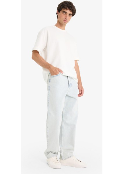 %100 Pamuk Baggy Fit Geniş Paça Jean Yıkamalı Pantolon F5669AX25AU fiyatları