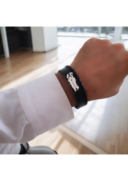 Semih Ismine Özel Siyah Derili Türkiye Haritalı 925 Ayar Gümüş Plakalı Hediye BILEKLIK-441ISIM