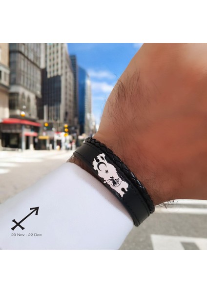 Yay Burçlarına Özel 925 Ayar Gümüş Plakalı Siyah Derili Türkiye Haritalı Hediye BILEKLIK-441BURÇ