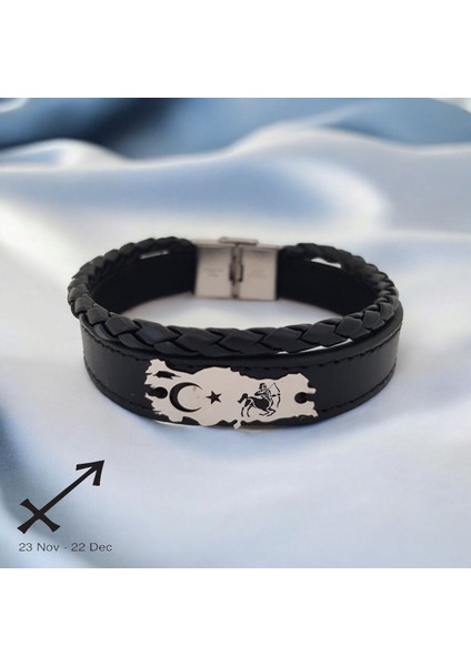 Yay Burçlarına Özel 925 Ayar Gümüş Plakalı Siyah Derili Türkiye Haritalı Hediye BILEKLIK-441BURÇ fiyatları