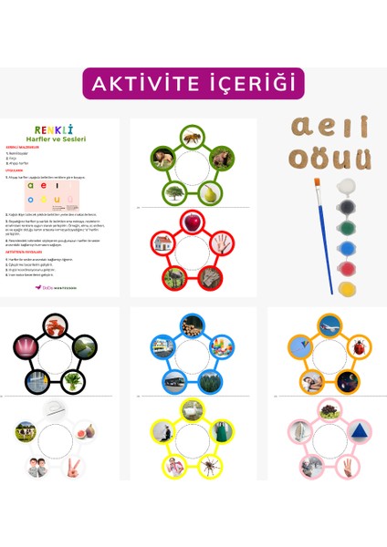 Okul Öncesi Sesli Harfler Etkinliği| Montessori Harf Tanıma Aktivitesi | Ahşap Harfler, Renkli Kartlar, Renkli Boyalar ve Fırça | Sesli Harf Eşleştirme Oyunu