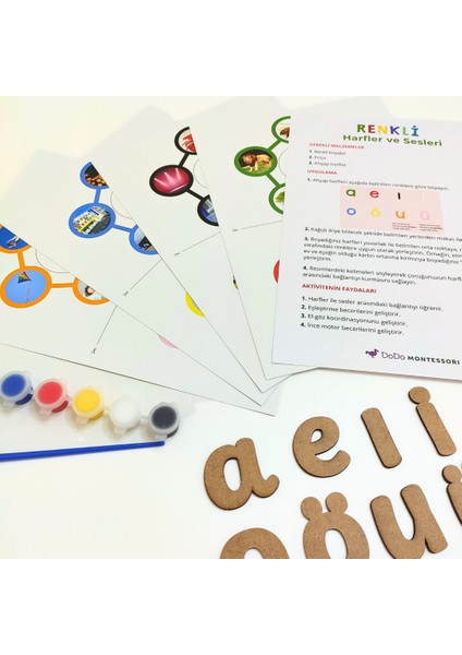 Okul Öncesi Sesli Harfler Etkinliği| Montessori Harf Tanıma Aktivitesi | Ahşap Harfler, Renkli Kartlar, Renkli Boyalar ve Fırça | Sesli Harf Eşleştirme Oyunu modelleri