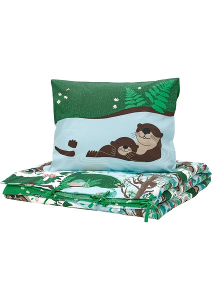 Skogsduva Çocuk Nevresim Takımı 150 x 200 - 50 x 60 cm Mavi Yeşil Pamuk Viskon Kumaş